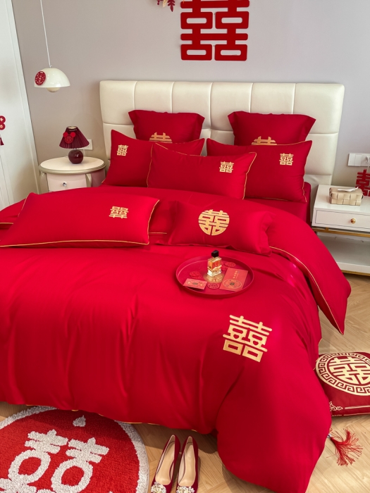 91家纺网 家纺一手货源 找家纺 欧乐蒂 2025新款亲肤刺绣婚庆四件套 双喜