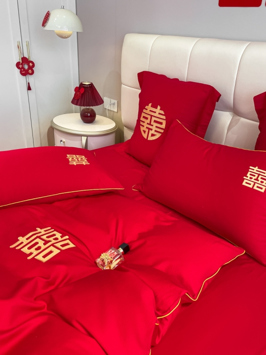 91家纺网 家纺一手货源 找家纺 欧乐蒂 2025新款亲肤刺绣婚庆四件套 双喜