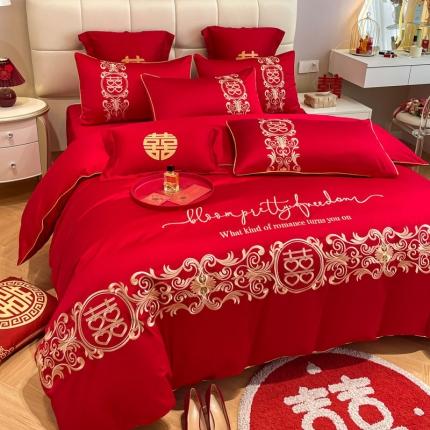 欧乐蒂 2025新款亲肤刺绣婚庆四件套 喜结连理