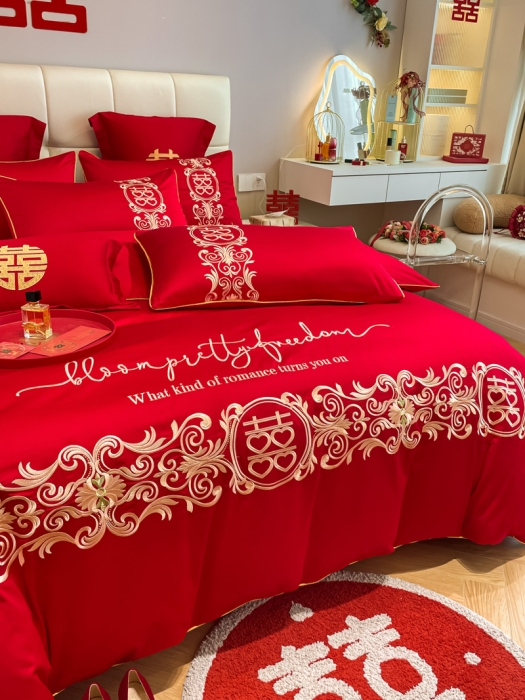 91家纺网 家纺一手货源 找家纺 欧乐蒂 2025新款亲肤刺绣婚庆四件套 喜结连理