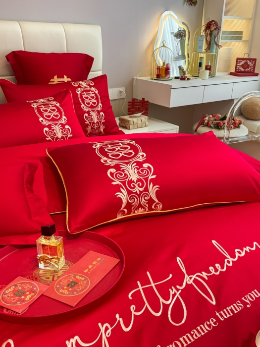 91家纺网 家纺一手货源 找家纺 欧乐蒂 2025新款亲肤刺绣婚庆四件套 喜结连理