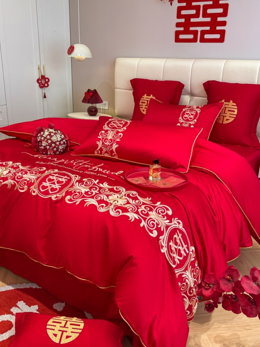 91家纺网 家纺一手货源 找家纺 欧乐蒂 2025新款亲肤刺绣婚庆四件套 喜结连理