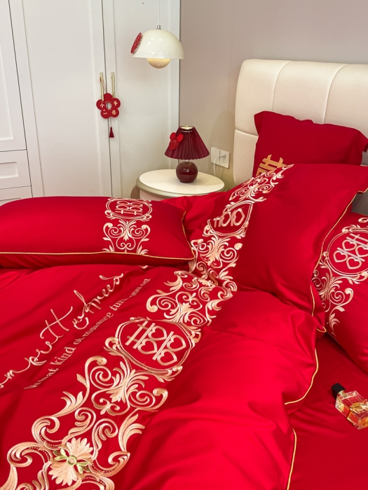 91家纺网 家纺一手货源 找家纺 欧乐蒂 2025新款亲肤刺绣婚庆四件套 喜结连理