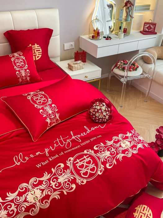 91家纺网 家纺一手货源 找家纺 欧乐蒂 2025新款亲肤刺绣婚庆四件套 喜结连理