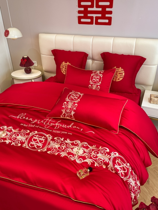 91家纺网 家纺一手货源 找家纺 欧乐蒂 2025新款亲肤刺绣婚庆四件套 喜结连理