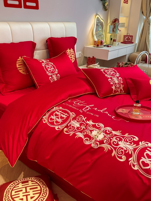 91家纺网 家纺一手货源 找家纺 欧乐蒂 2025新款亲肤刺绣婚庆四件套 喜结连理