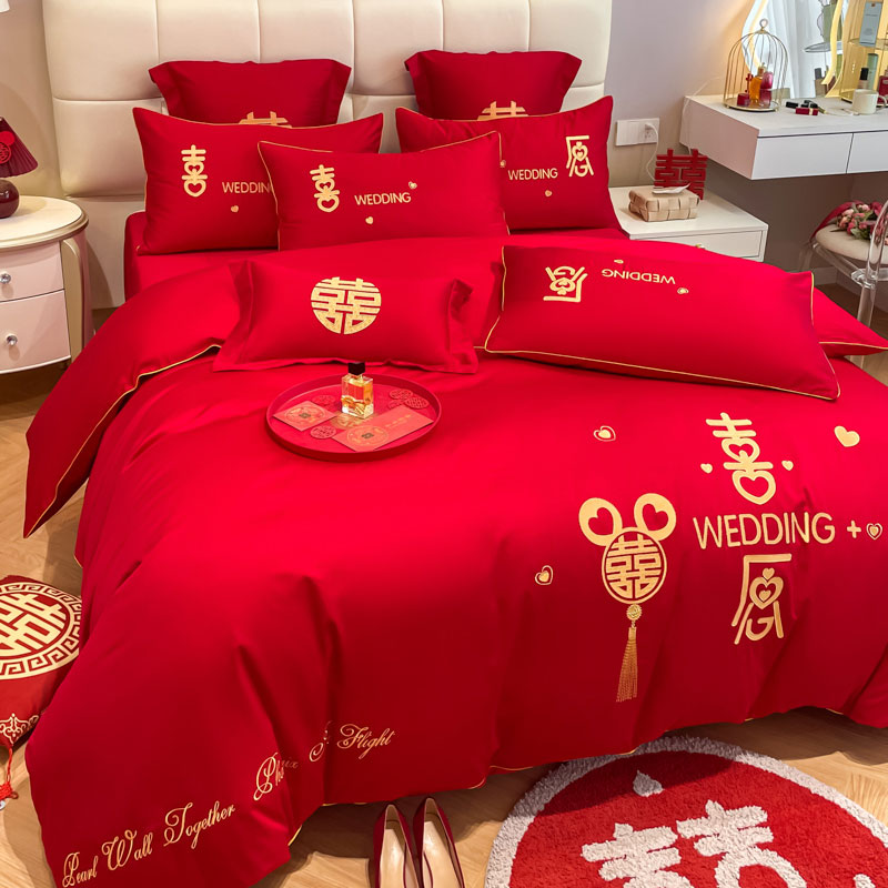 91家纺网 家纺一手货源 找家纺 欧乐蒂 2025新款亲肤刺绣婚庆四件套 喜愿