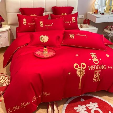 欧乐蒂 2025新款亲肤刺绣婚庆四件套 喜愿