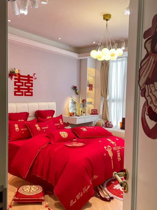 91家纺网 家纺一手货源 找家纺 欧乐蒂 2025新款亲肤刺绣婚庆四件套 喜愿