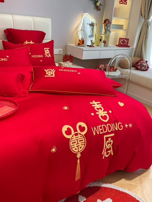 91家纺网 家纺一手货源 找家纺 欧乐蒂 2025新款亲肤刺绣婚庆四件套 喜愿