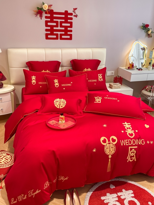 91家纺网 家纺一手货源 找家纺 欧乐蒂 2025新款亲肤刺绣婚庆四件套 喜愿