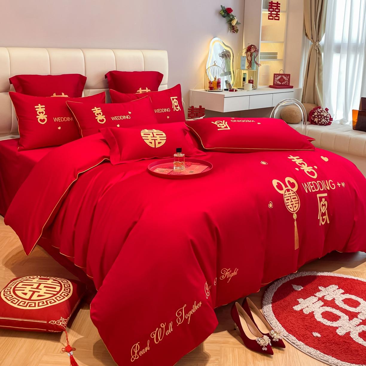 91家纺网 家纺一手货源 找家纺 欧乐蒂 2025新款亲肤刺绣婚庆四件套 喜愿