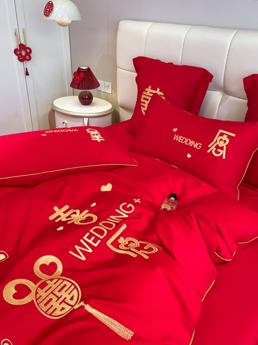 91家纺网 家纺一手货源 找家纺 欧乐蒂 2025新款亲肤刺绣婚庆四件套 喜愿