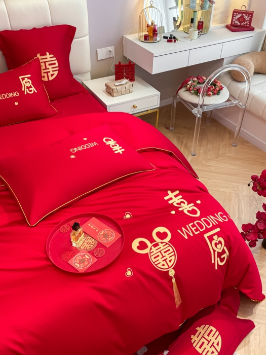 91家纺网 家纺一手货源 找家纺 欧乐蒂 2025新款亲肤刺绣婚庆四件套 喜愿