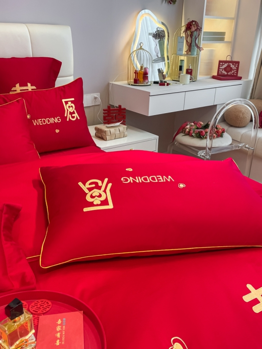 91家纺网 家纺一手货源 找家纺 欧乐蒂 2025新款亲肤刺绣婚庆四件套 喜愿