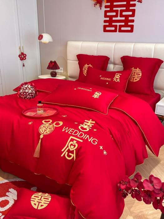 91家纺网 家纺一手货源 找家纺 欧乐蒂 2025新款亲肤刺绣婚庆四件套 喜愿