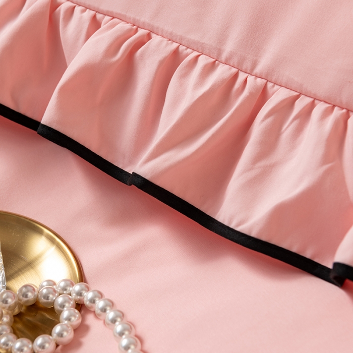 91家纺网 家纺一手货源 找家纺 乐卧家居 2026新款时尚压花撞色织带荷叶边四件套-丽可-粉