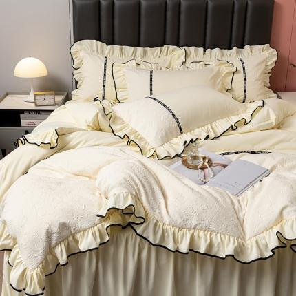 乐卧家居 2026新款时尚压花撞色织带荷叶边四件套-丽可-黄