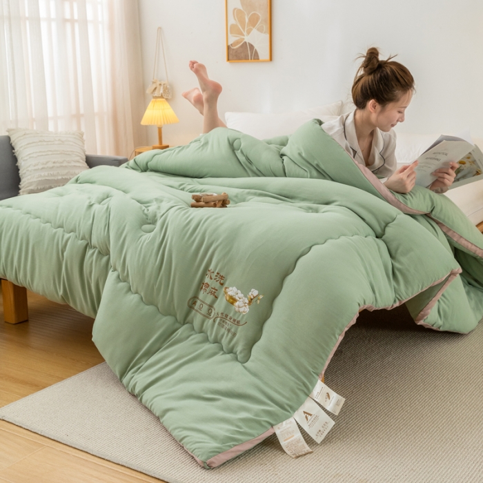 91家纺网 家纺一手货源 找家纺 钰博2023新款水洗棉麻立体被大豆被直播爆款冬被被子被芯 豆绿色
