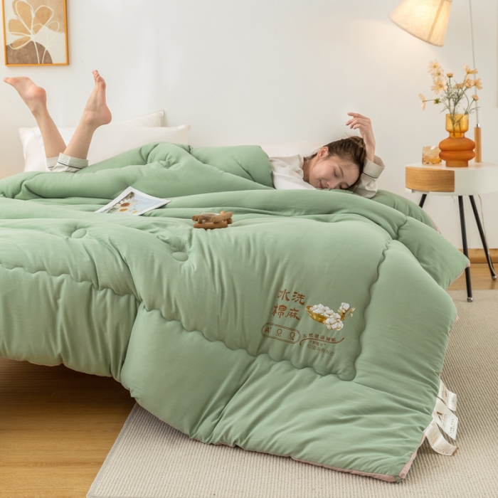 91家纺网 家纺一手货源 找家纺 钰博2023新款水洗棉麻立体被大豆被直播爆款冬被被子被芯 豆绿色