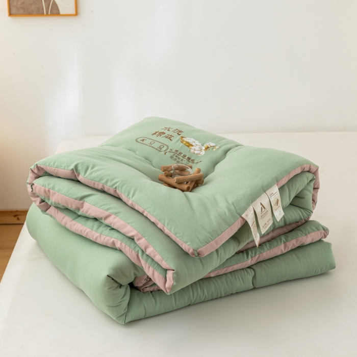 91家纺网 家纺一手货源 找家纺 钰博2023新款水洗棉麻立体被大豆被直播爆款冬被被子被芯 豆绿色