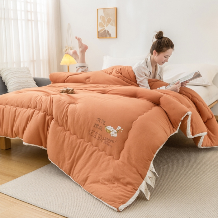 91家纺网 家纺一手货源 找家纺 钰博2023新款水洗棉麻立体被大豆被直播爆款冬被被子被芯 暖橙色