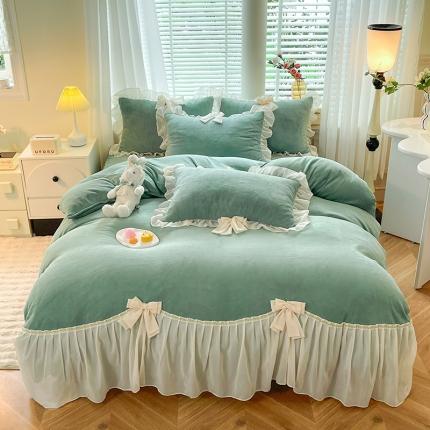 芭比蔓 2023新款牛奶绒雪纺边床单床裙床盖款四件套-一帘幽梦 一帘幽梦-绿色