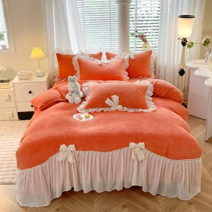 芭比蔓 2023新款牛奶绒雪纺边床单床裙床盖款四件套-一帘幽梦 一帘幽梦-橙色