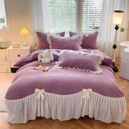 芭比蔓 2023新款牛奶绒雪纺边床单床裙床盖款四件套-一帘幽梦 一帘幽梦-紫色