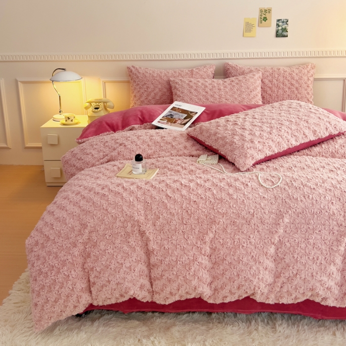 91家纺网 家纺一手货源 找家纺 （总）宜家坊 2023新款立体玫瑰兔毛绒四件套