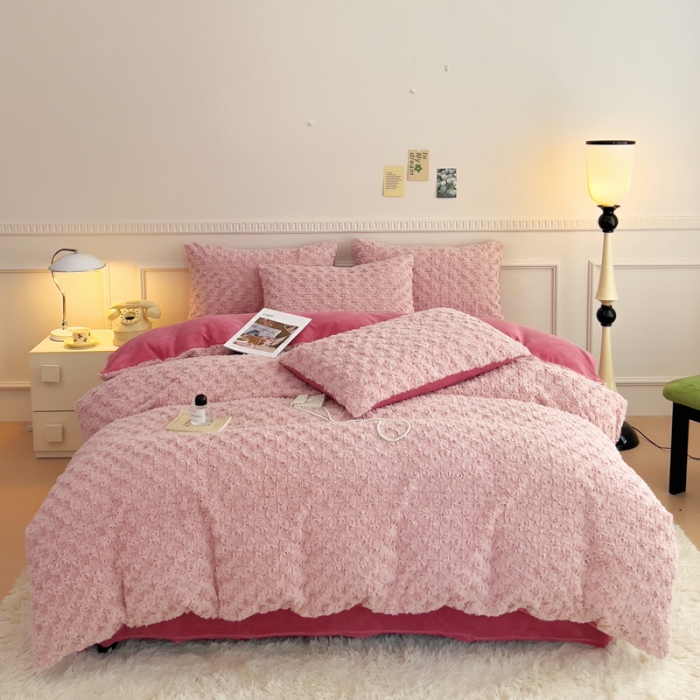 91家纺网 家纺一手货源 找家纺 宜家坊 2023新款立体玫瑰兔毛绒四件套 玫瑰兔毛-豆沙