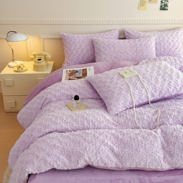 91家纺网 家纺一手货源 找家纺 宜家坊 2023新款立体玫瑰兔毛绒四件套 玫瑰兔毛-蔷薇紫