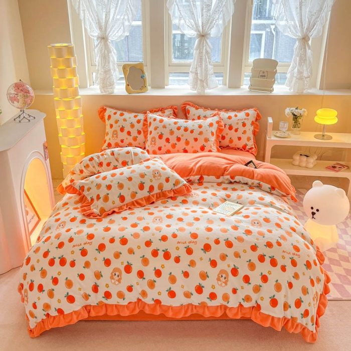 91家纺网 家纺一手货源 找家纺 米莱 2023新款印花韩版牛奶绒四件套 爱意桔