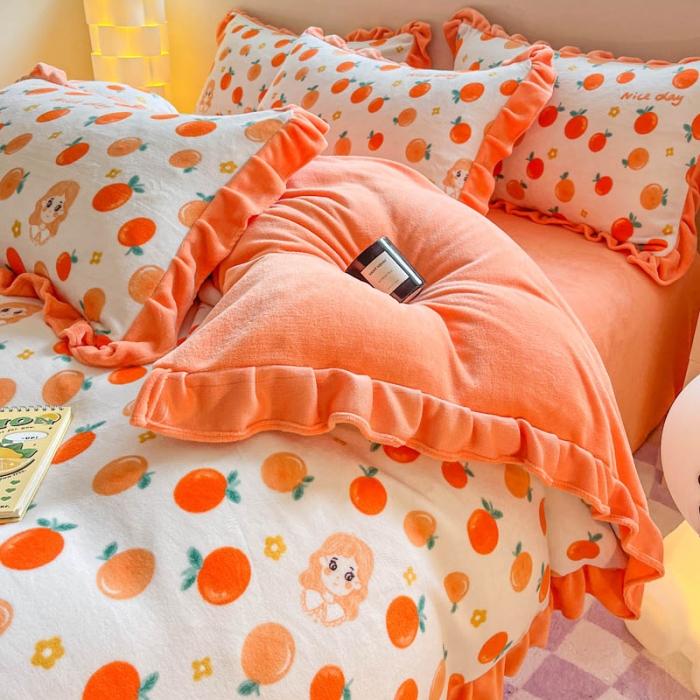 91家纺网 家纺一手货源 找家纺 米莱 2023新款印花韩版牛奶绒四件套 爱意桔