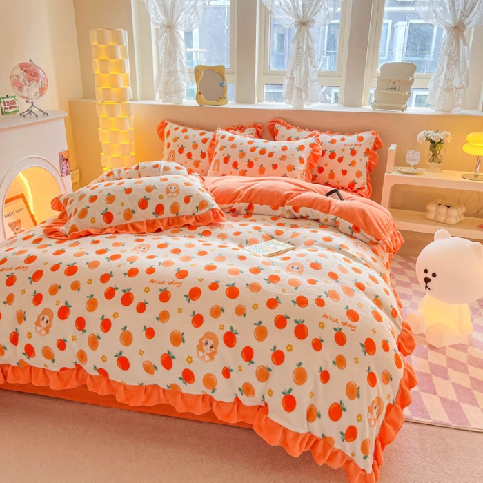 91家纺网 家纺一手货源 找家纺 米莱 2023新款印花韩版牛奶绒四件套 爱意桔