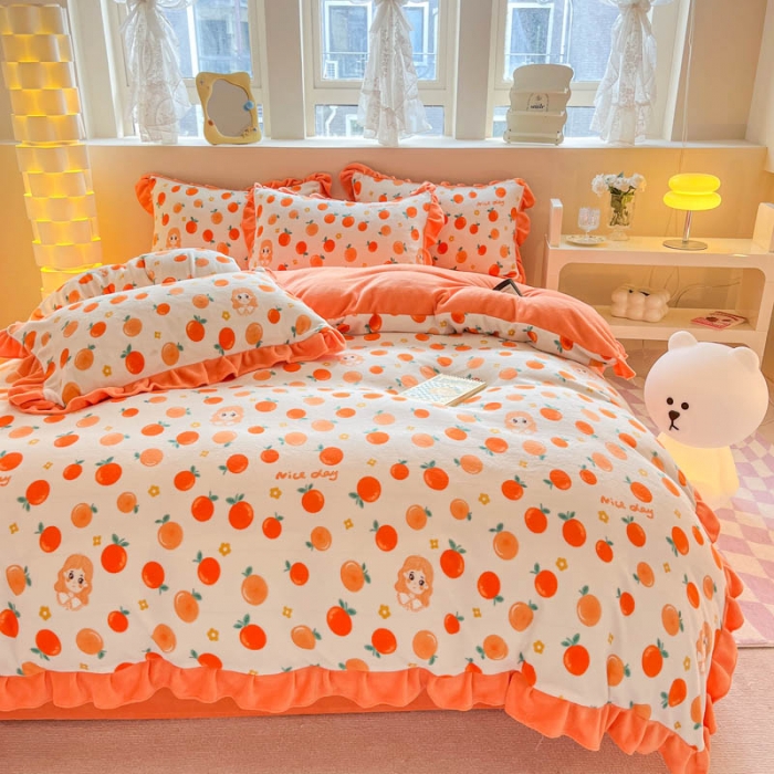 91家纺网 家纺一手货源 找家纺 米莱 2023新款印花韩版牛奶绒四件套 爱意桔