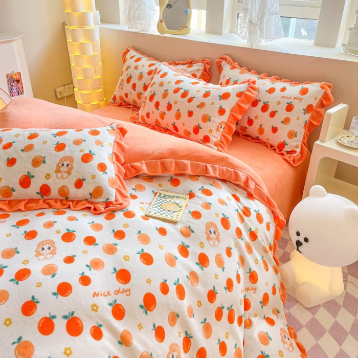 91家纺网 家纺一手货源 找家纺 米莱 2023新款印花韩版牛奶绒四件套 爱意桔