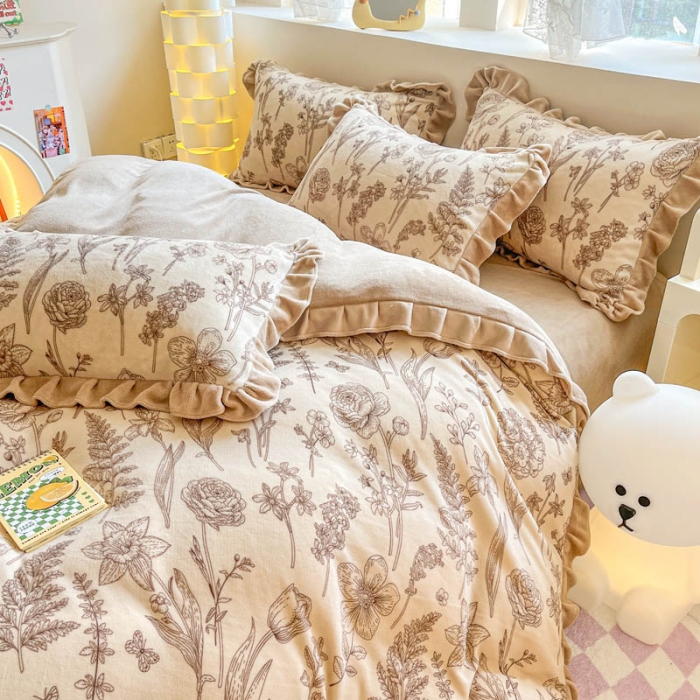 91家纺网 家纺一手货源 找家纺 米莱 2023新款印花韩版牛奶绒四件套 春山居