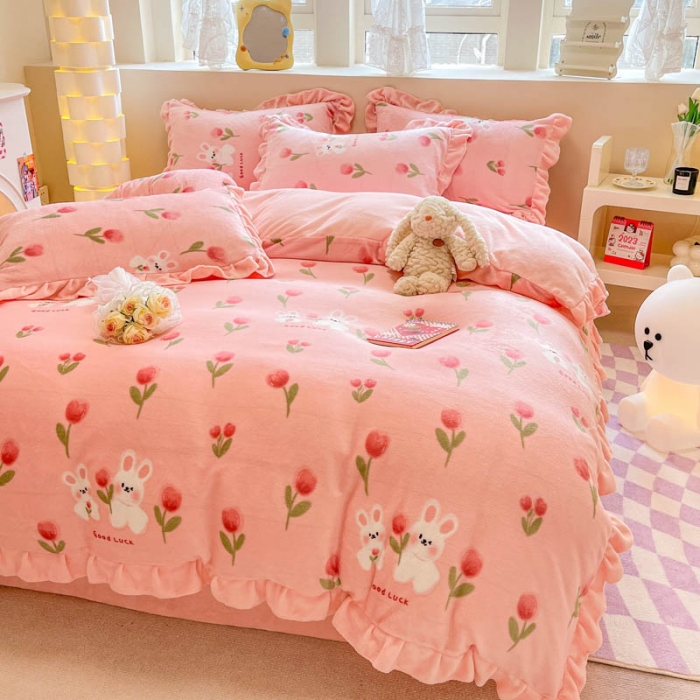 91家纺网 家纺一手货源 找家纺 米莱 2023新款印花韩版牛奶绒四件套 粉色玉兔