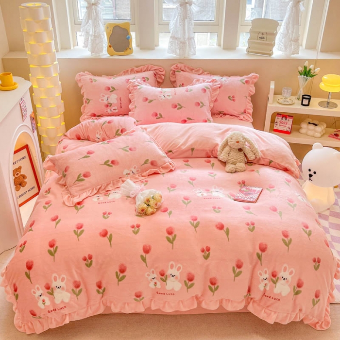 91家纺网 家纺一手货源 找家纺 米莱 2023新款印花韩版牛奶绒四件套 粉色玉兔