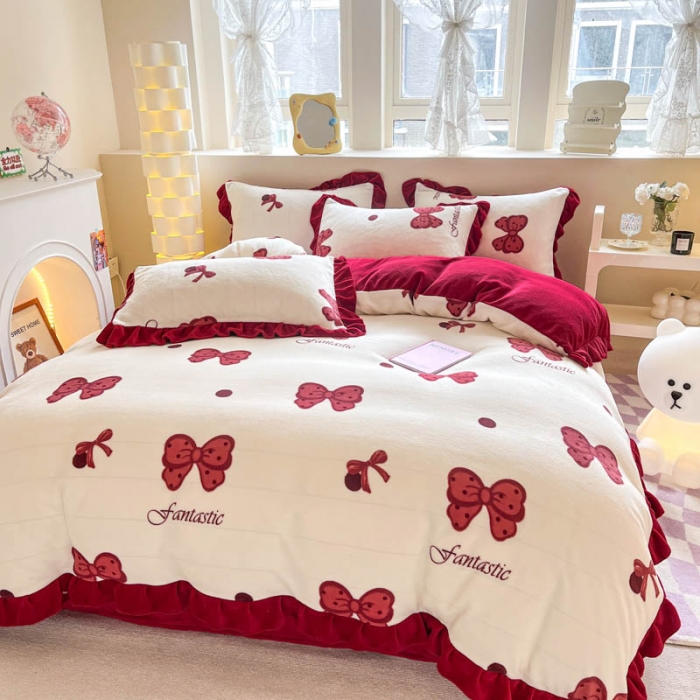 91家纺网 家纺一手货源 找家纺 米莱 2023新款印花韩版牛奶绒四件套 蝴蝶结