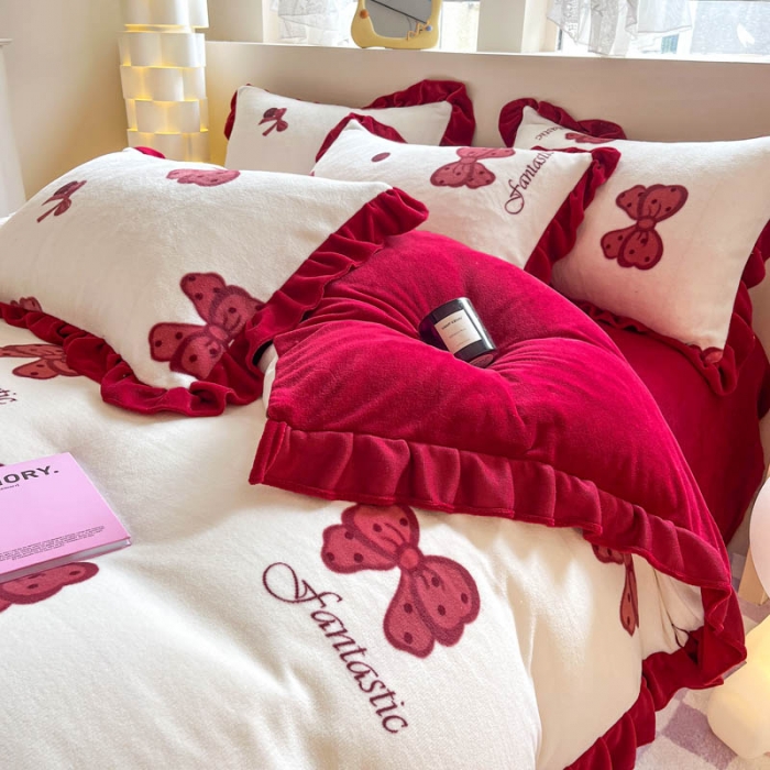 91家纺网 家纺一手货源 找家纺 米莱 2023新款印花韩版牛奶绒四件套 蝴蝶结