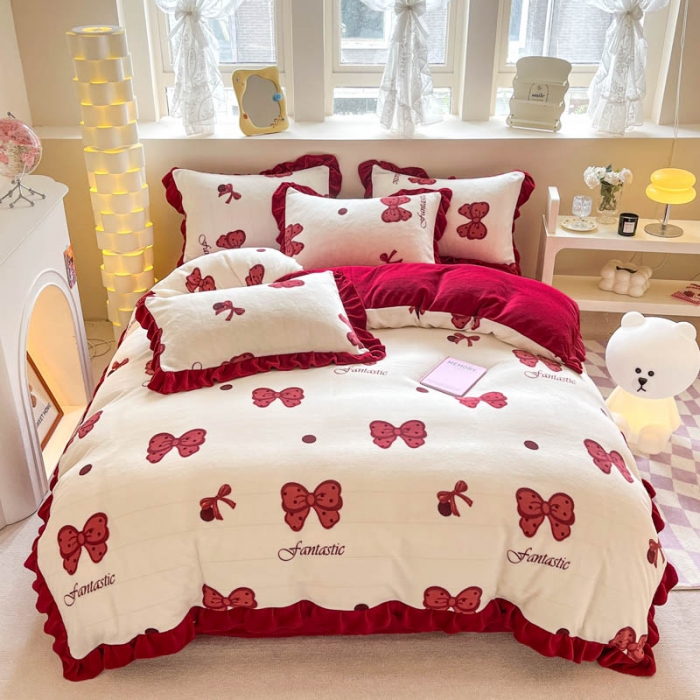 91家纺网 家纺一手货源 找家纺 米莱 2023新款印花韩版牛奶绒四件套 蝴蝶结