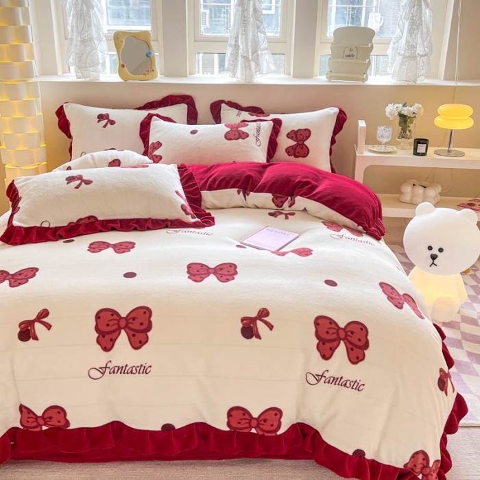 91家纺网 家纺一手货源 找家纺 米莱 2023新款印花韩版牛奶绒四件套 蝴蝶结