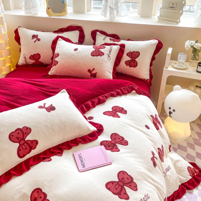 91家纺网 家纺一手货源 找家纺 米莱 2023新款印花韩版牛奶绒四件套 蝴蝶结