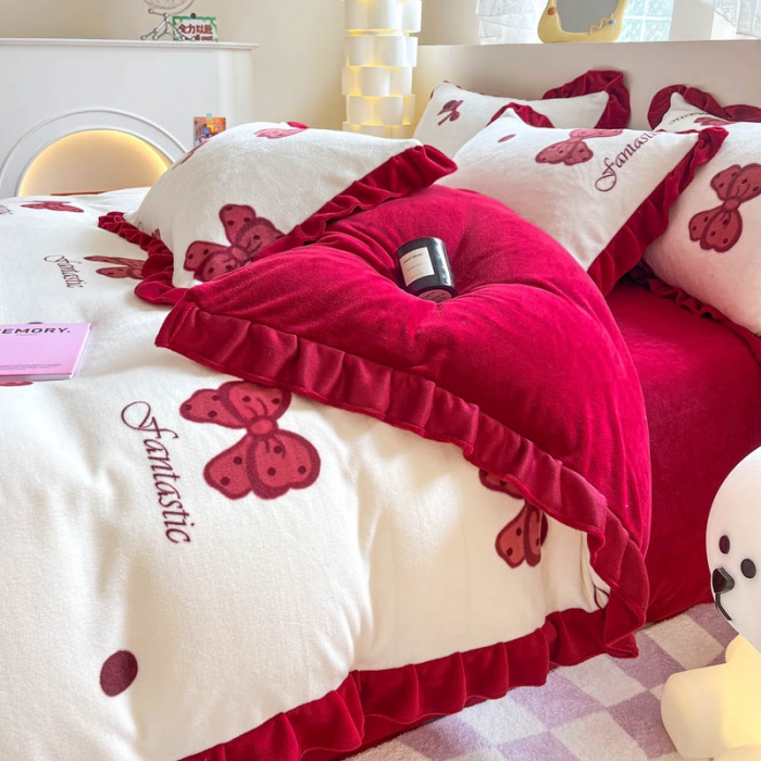 91家纺网 家纺一手货源 找家纺 米莱 2023新款印花韩版牛奶绒四件套 蝴蝶结