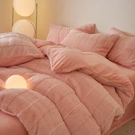 91家纺网 家纺一手货源 找家纺 沐棉 2023新款秋冬加厚保暖兔毛绒牛奶绒四件套 方格-粉