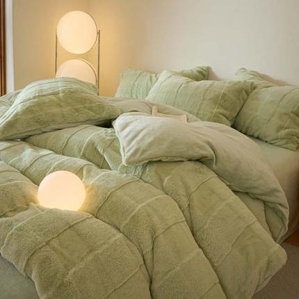 91家纺网 家纺一手货源 找家纺 沐棉 2023新款秋冬加厚保暖兔毛绒牛奶绒四件套 方格-绿