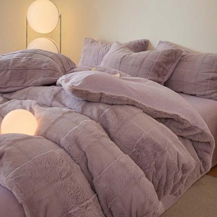 91家纺网 家纺一手货源 找家纺 沐棉 2023新款秋冬加厚保暖兔毛绒牛奶绒四件套 方格-紫