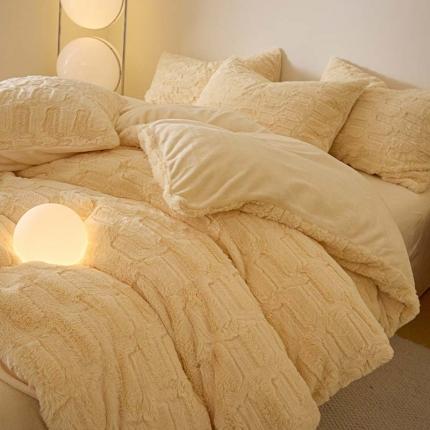 沐棉 2023新款秋冬加厚保暖兔毛绒牛奶绒四件套 波浪-黄